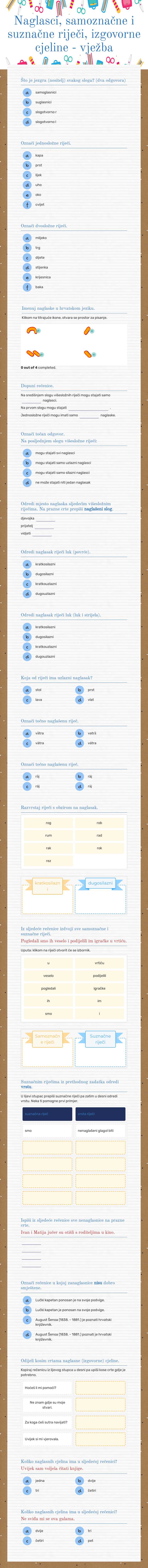 Naglasci, samoznačne i suznačne riječi, izgovorne cjeline - vježba Grade 7 worksheet preview