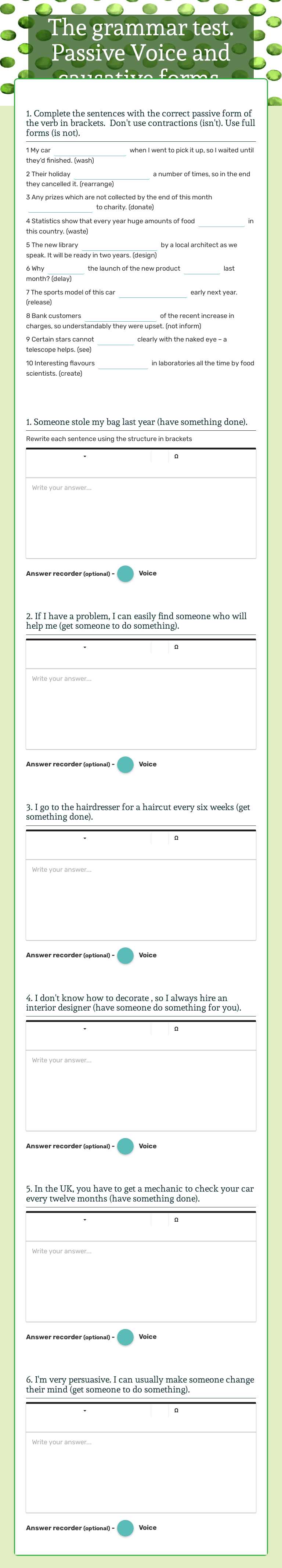 The grammar test. Passive Voice and causative forms. Grade 11 worksheet preview