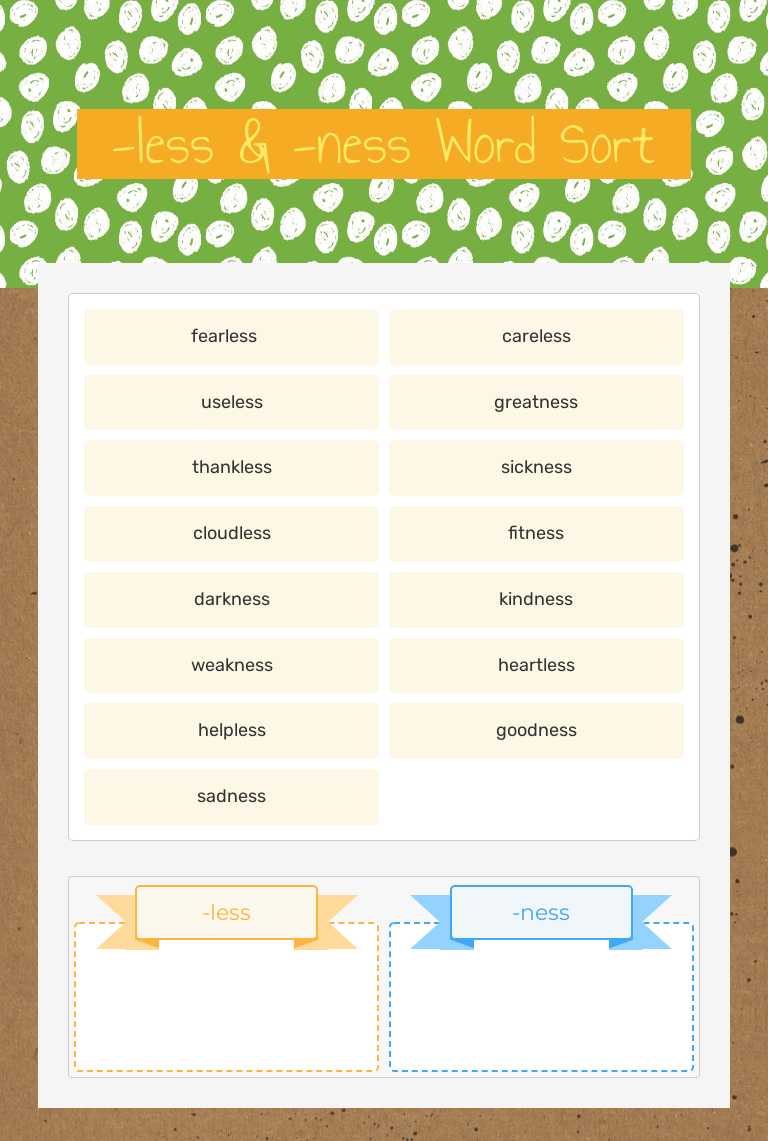 -less & -ness Word Sort worksheet preview image