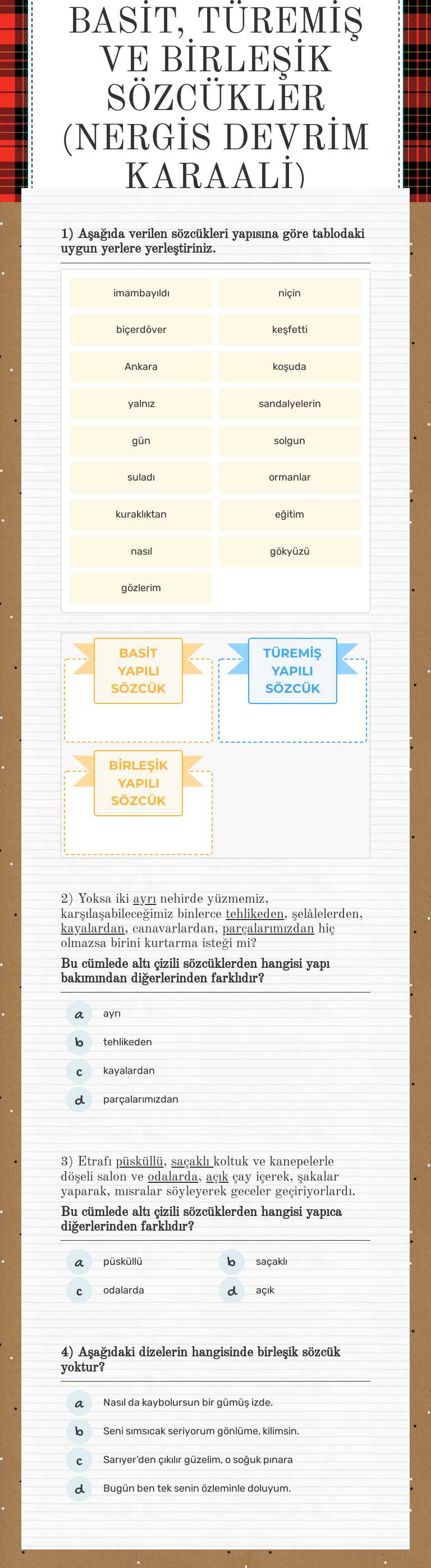 BASİT, TÜREMİŞ VE BİRLEŞİK SÖZCÜKLER (NERGİS DEVRİM KARAALİ) worksheet preview image