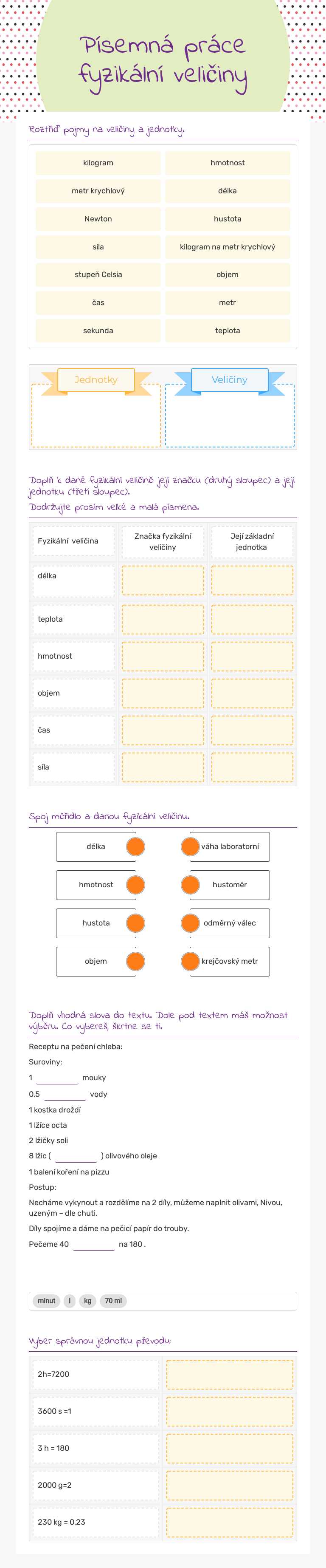 Písemná práce fyzikální veličiny worksheet preview image