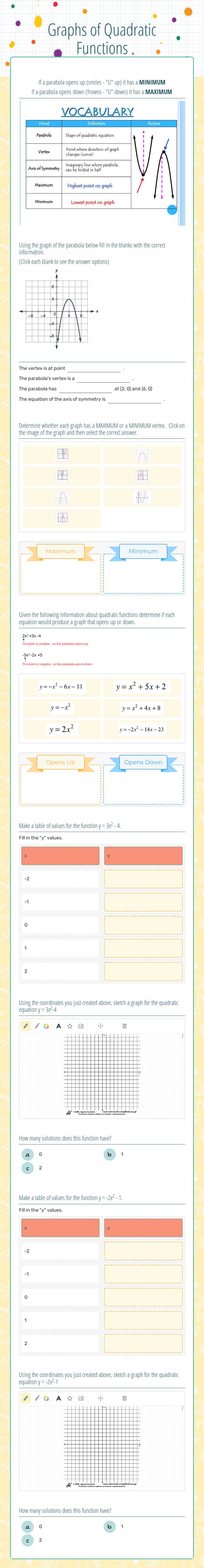 Graphs of Quadratic Functions worksheet preview image