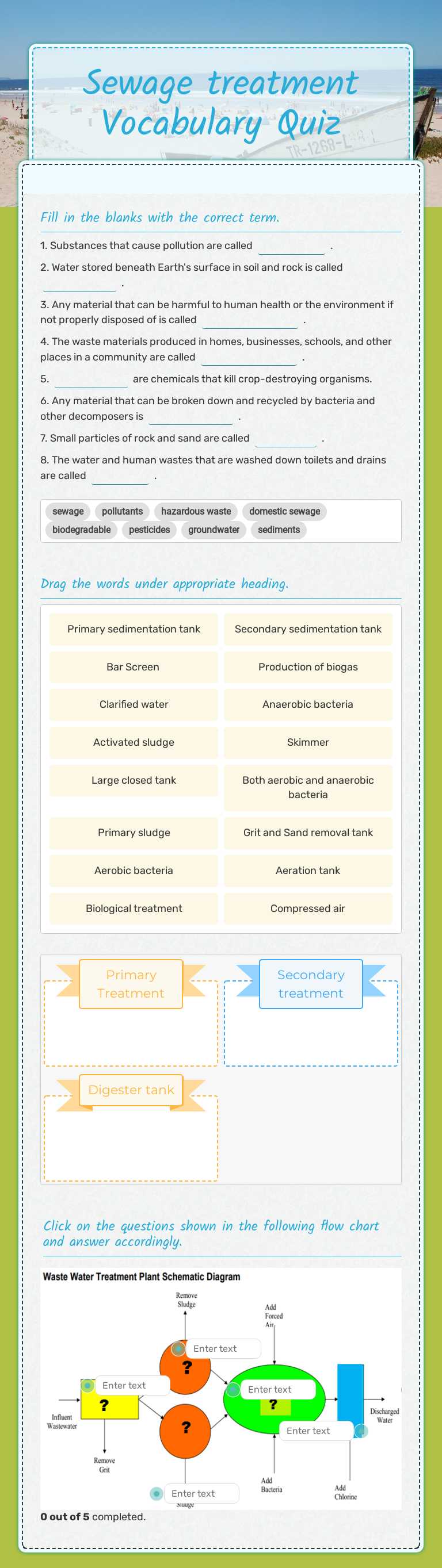 Sewage treatment Vocabulary Quiz Grade 6 worksheet preview