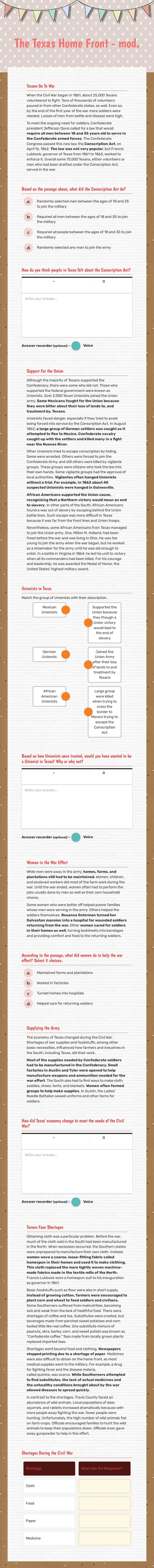 The Texas Home Front - mod. worksheet preview image