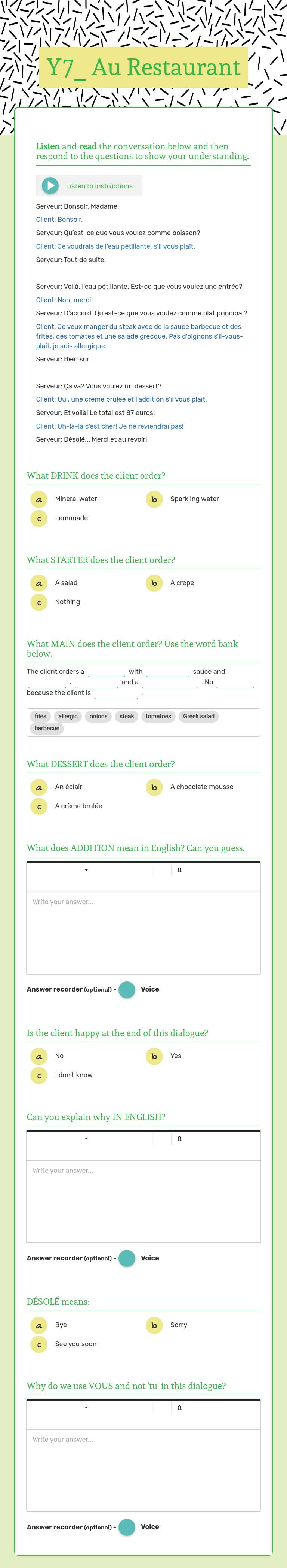 Y7_ Au Restaurant worksheet preview image