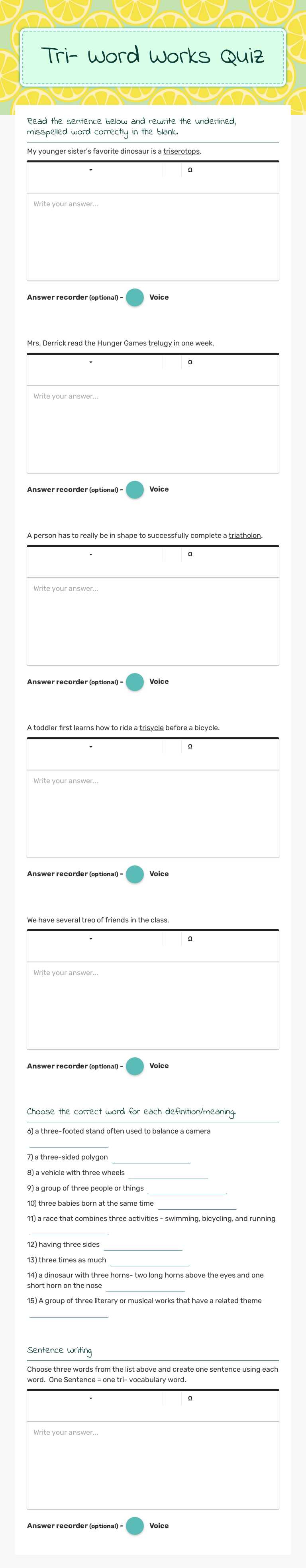 Tri- Word Works Quiz worksheet preview image
