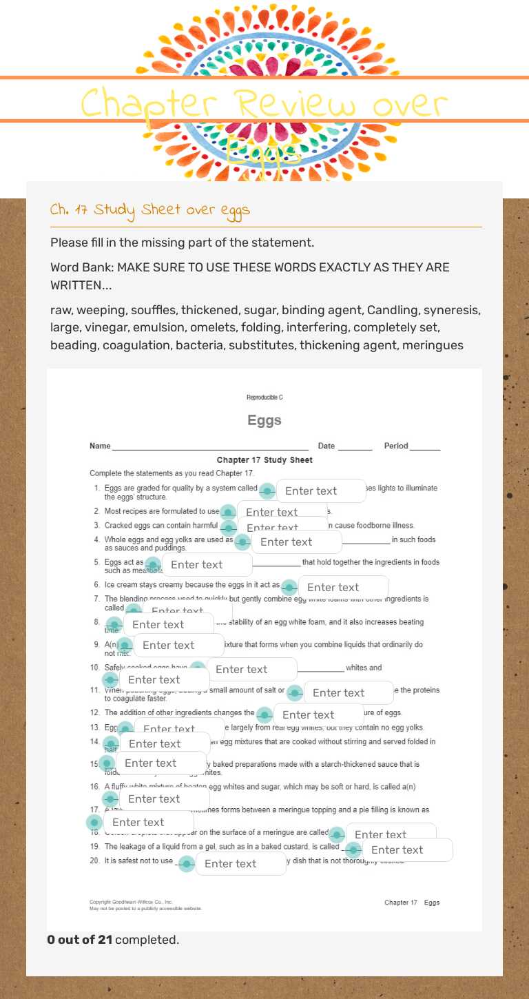 Chapter Review over Eggs worksheet preview image