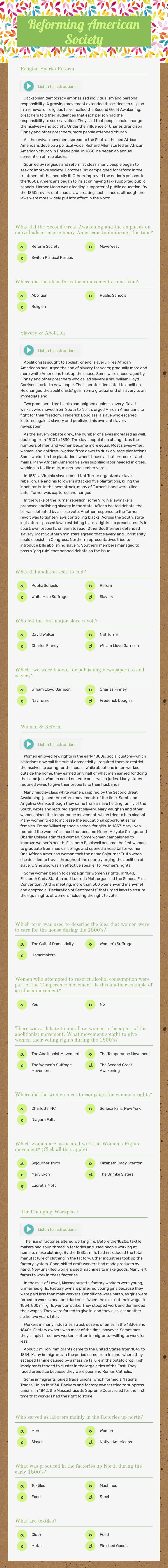 Reforming American Society worksheet preview