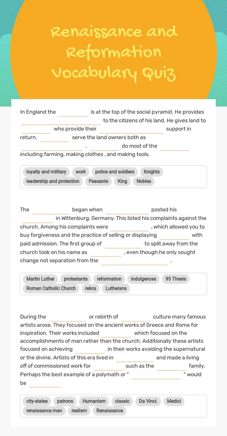 Renaissance and Reformation
Vocabulary Quiz worksheet preview image