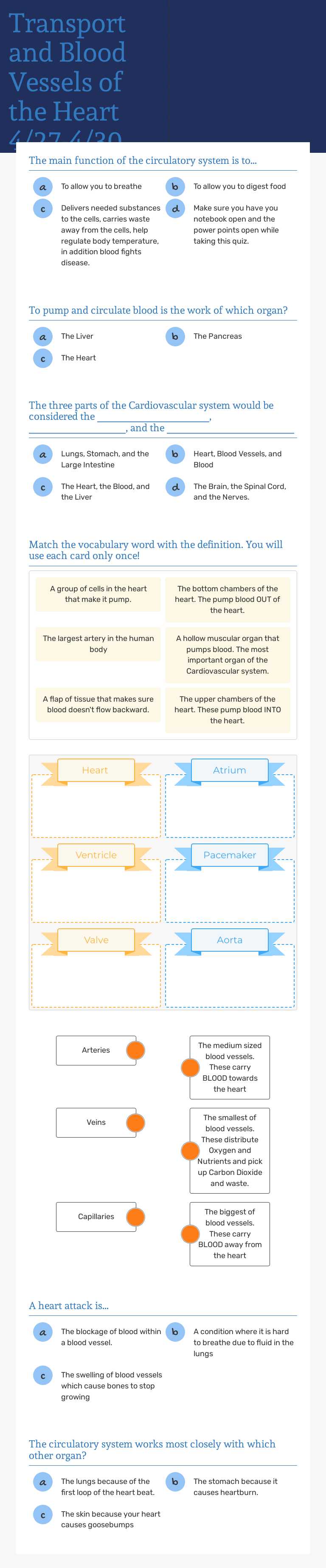 Transport and Blood Vessels of the Heart 4/27-4/30 Grade 6 worksheet preview
