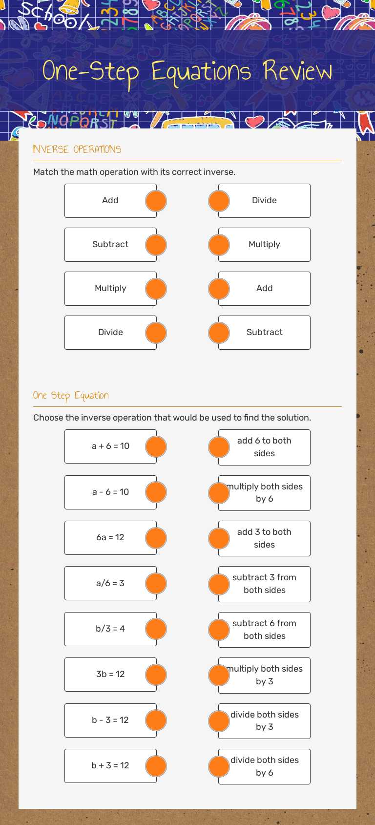 One-Step Equations Review worksheet preview image