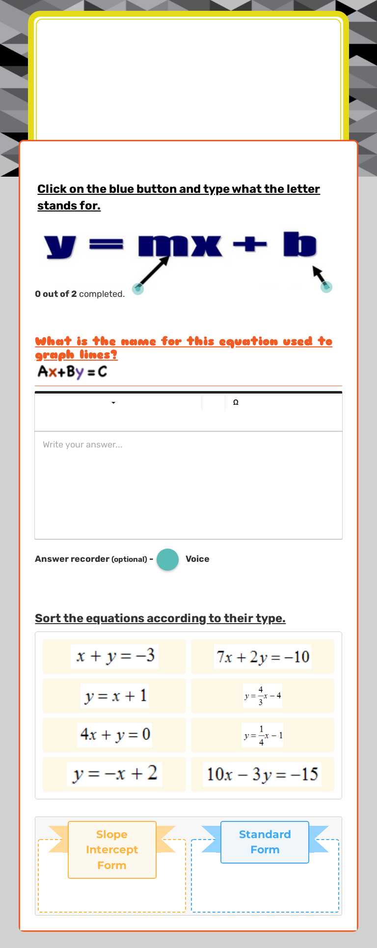 Slope Intercept and standard  form Grade 8 worksheet preview