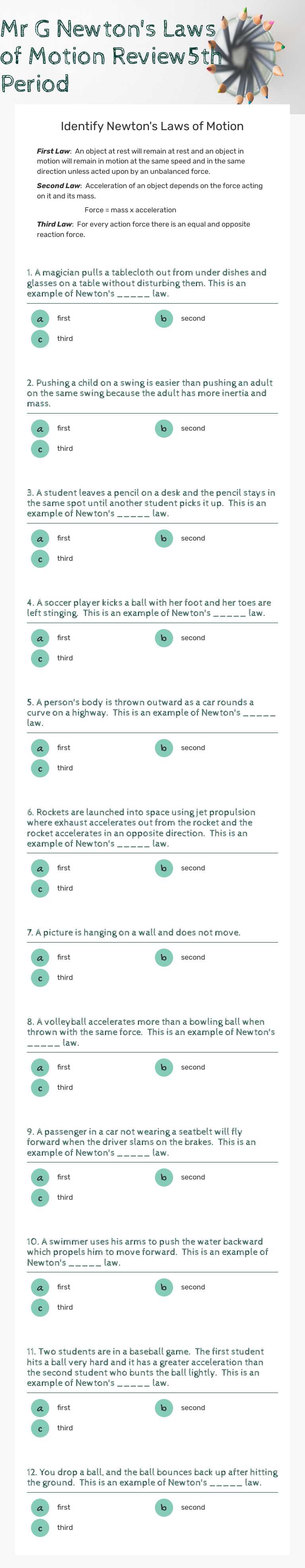Mr G Newton's Laws of Motion Review5th Period Grade 7 worksheet preview