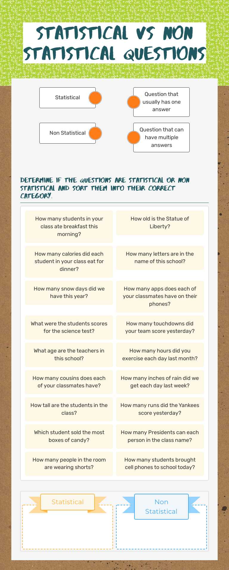 Statistical Vs Non statistical questions Grade 6 worksheet preview