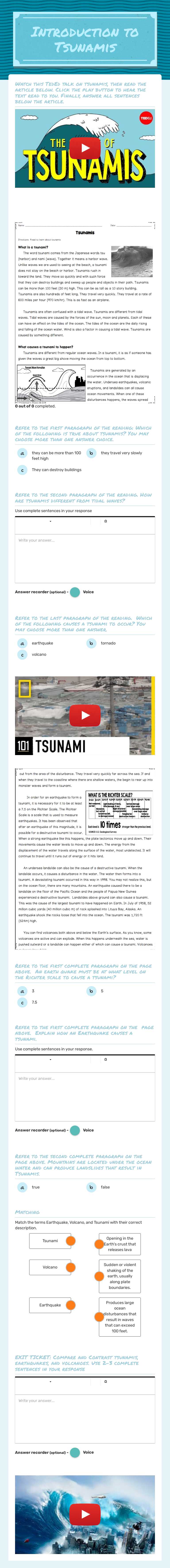 Introduction to Tsunamis Grade 7 worksheet preview