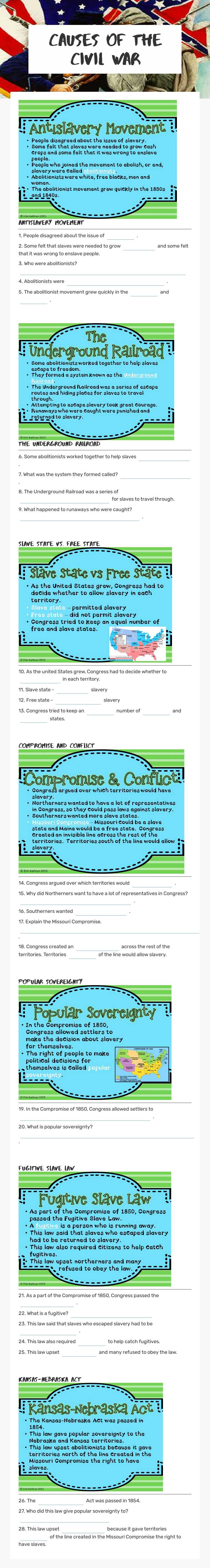 Causes of the Civil War Grade 4 worksheet preview