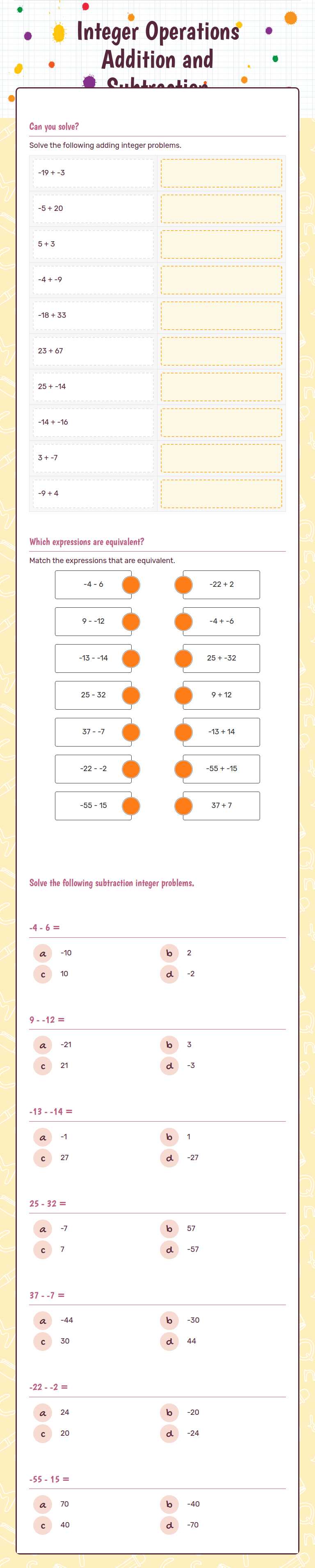 Integer Operations Addition and Subtraction worksheet preview image