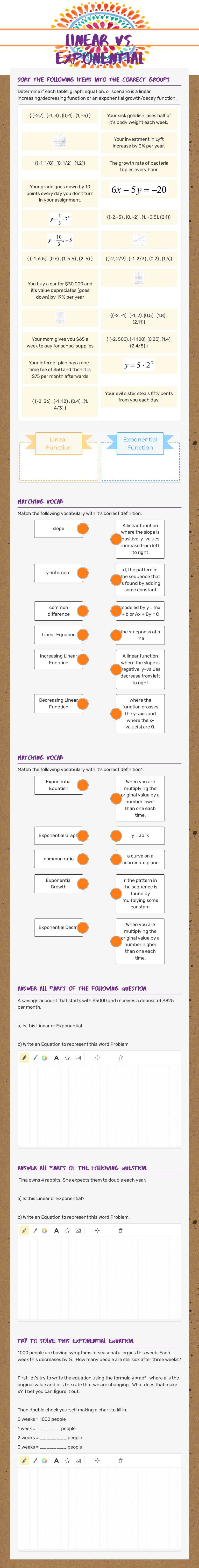 Linear vs. Exponential Grade 9 worksheet preview
