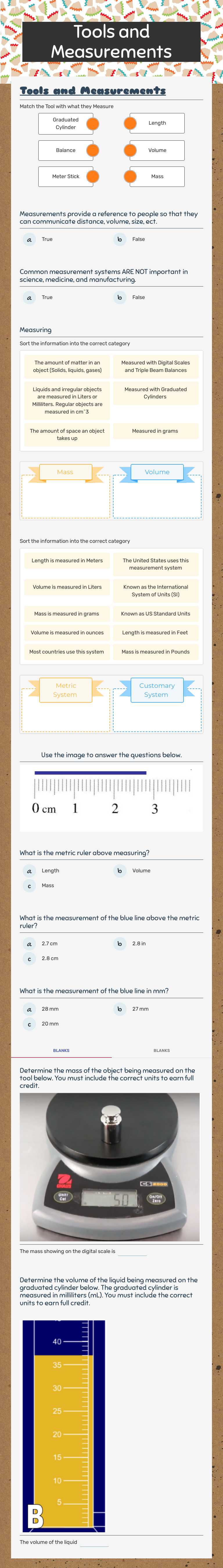 Tools and Measurements worksheet preview image