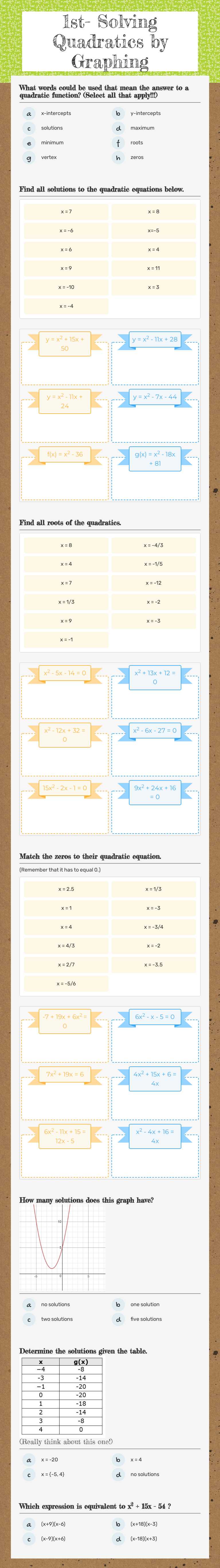 1st- Solving Quadratics by Graphing Grade 9 worksheet preview
