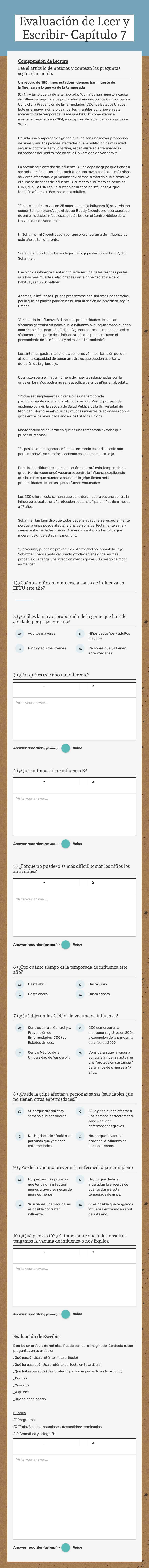 Evaluación de Leer y Escribir- Capítulo 7 Preschool worksheet preview