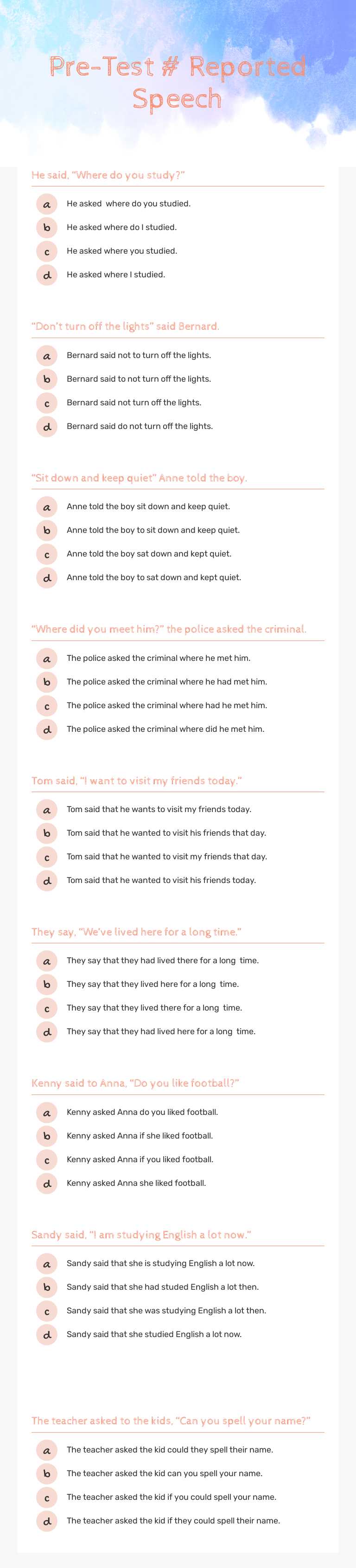 Pre-Test # Reported Speech worksheet preview
