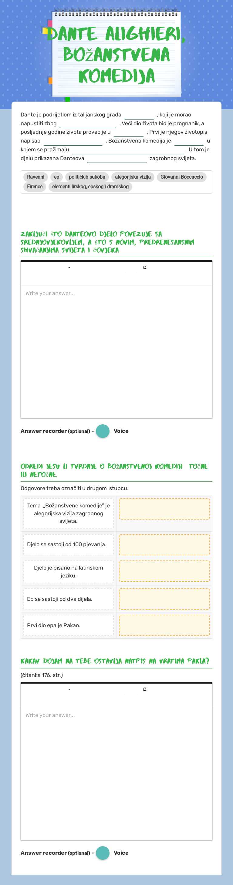 Dante Alighieri, Božanstvena komedija worksheet preview image