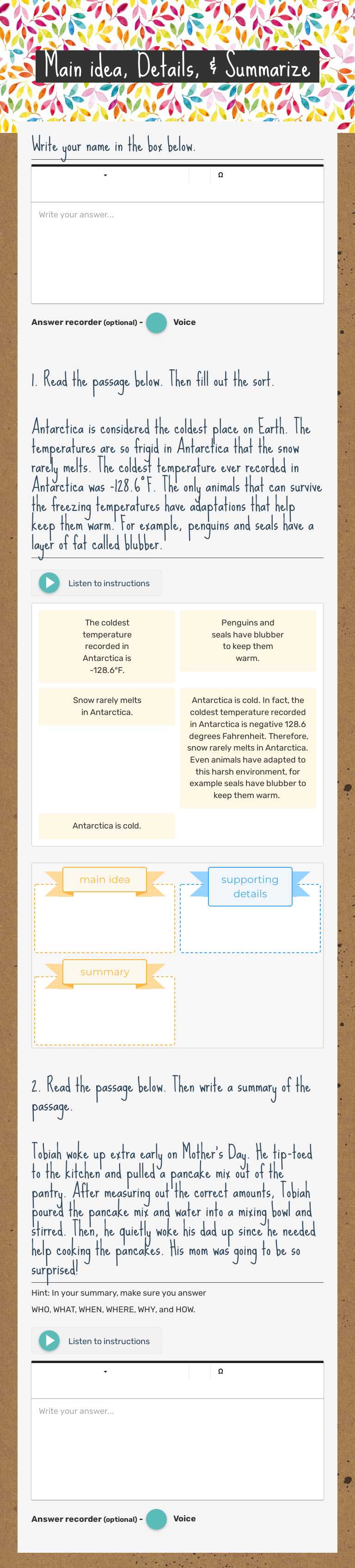 Main idea, Details, & Summarize worksheet preview image