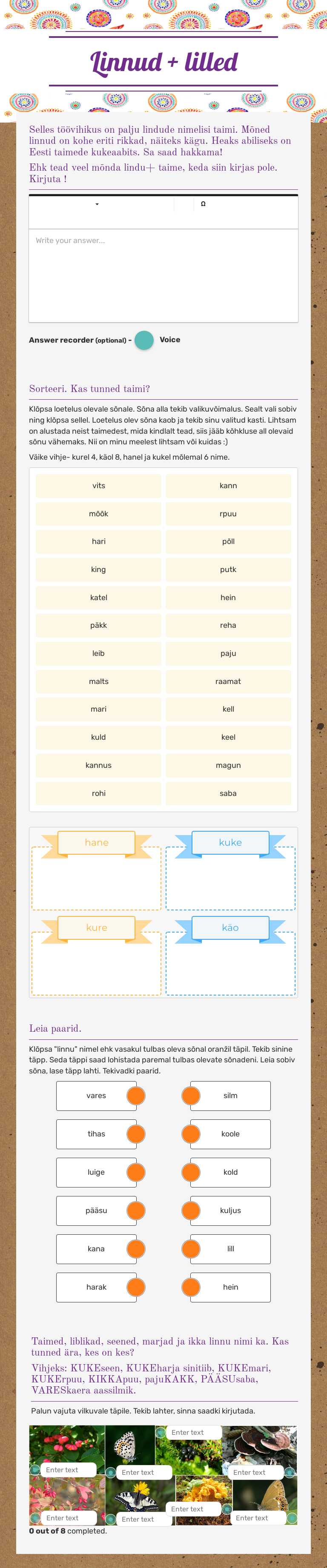 Linnud + lilled Other worksheet preview