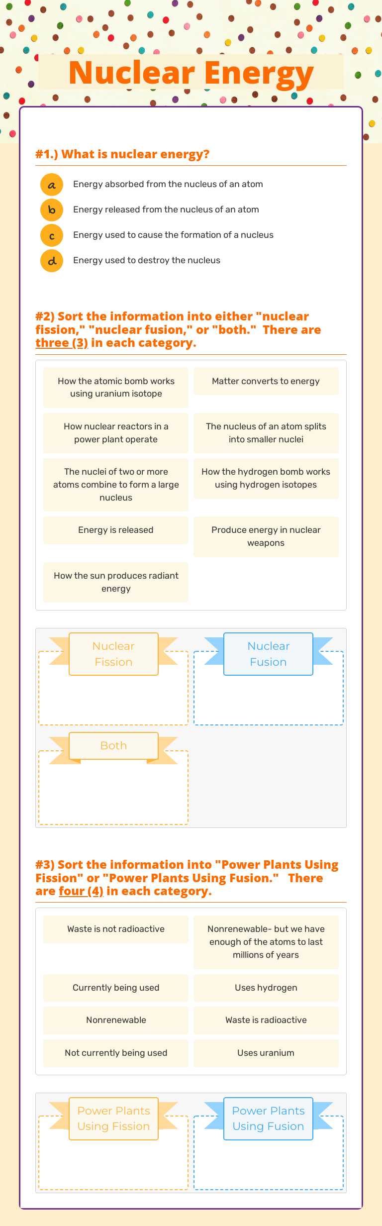 Nuclear Energy worksheet preview image