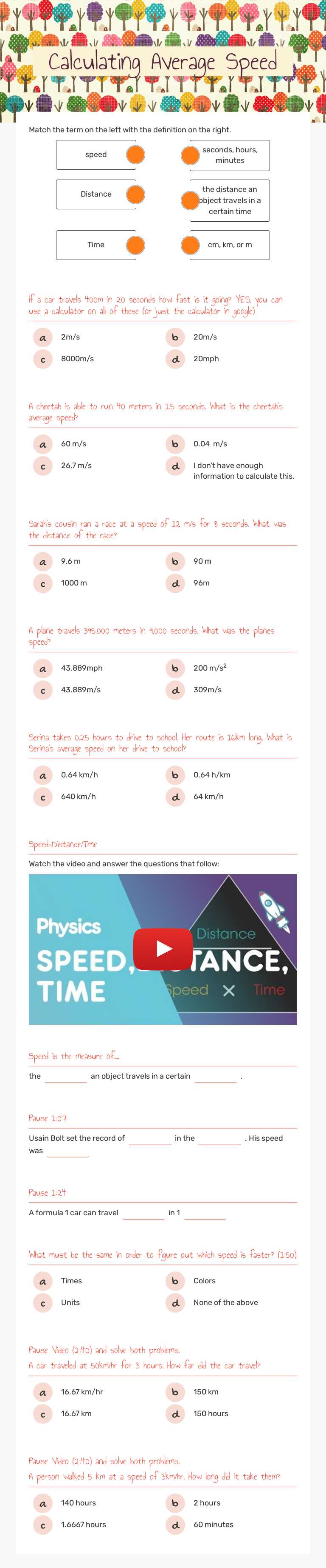 Calculating Average Speed Grade 6 worksheet preview