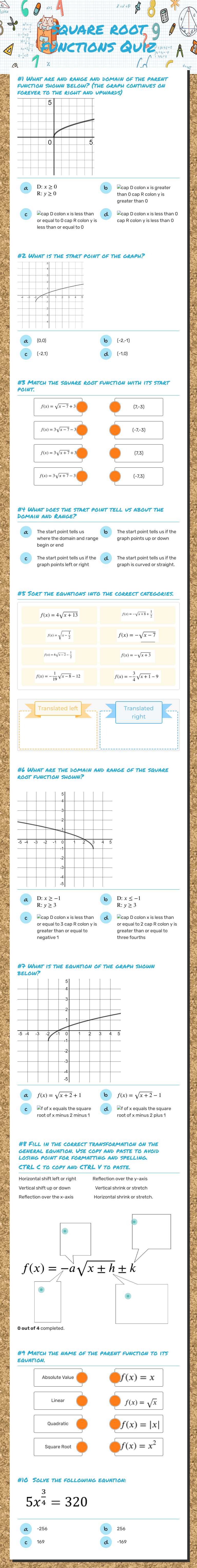 square root functions Quiz worksheet preview image