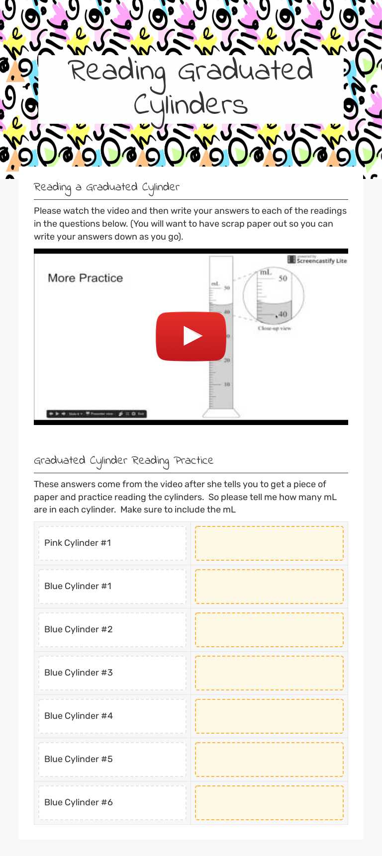Reading Graduated Cylinders Grade 8 worksheet preview