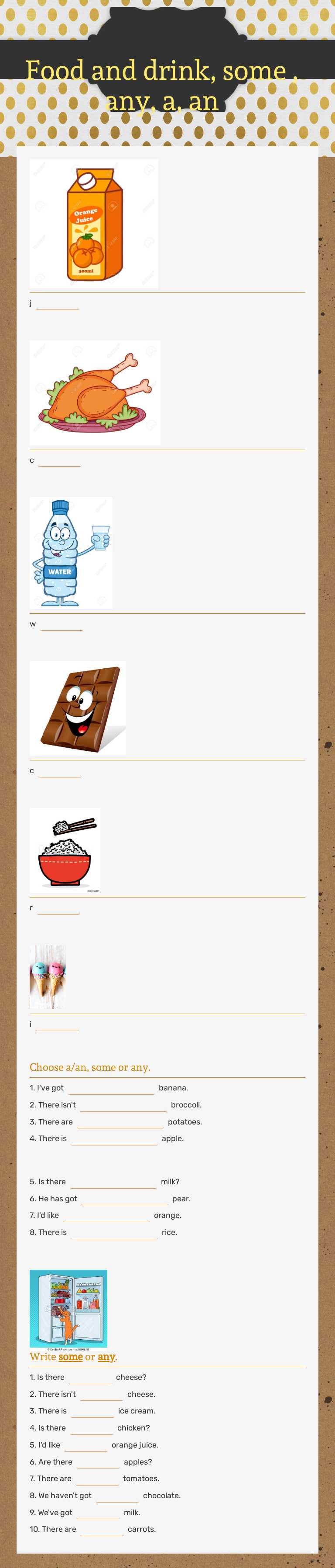 Food and drink, some , any, a, an worksheet preview image