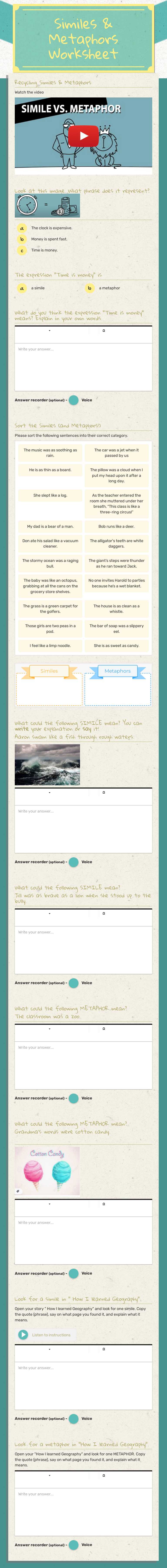 Similes & Metaphors Worksheet Grade 5 worksheet preview