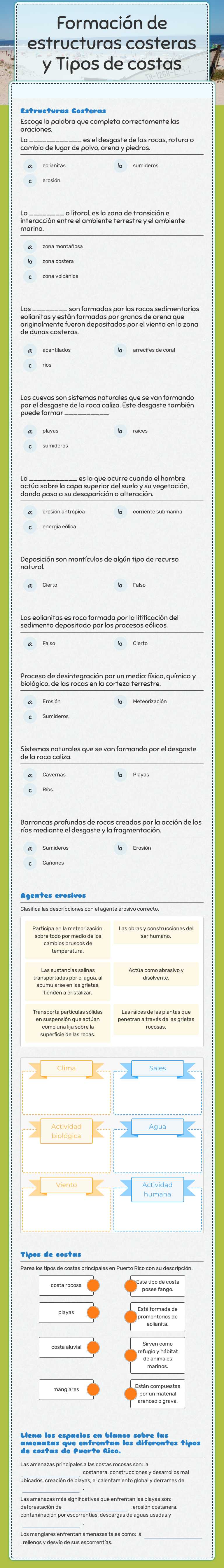 Formación de estructuras costeras y Tipos de costas worksheet preview image