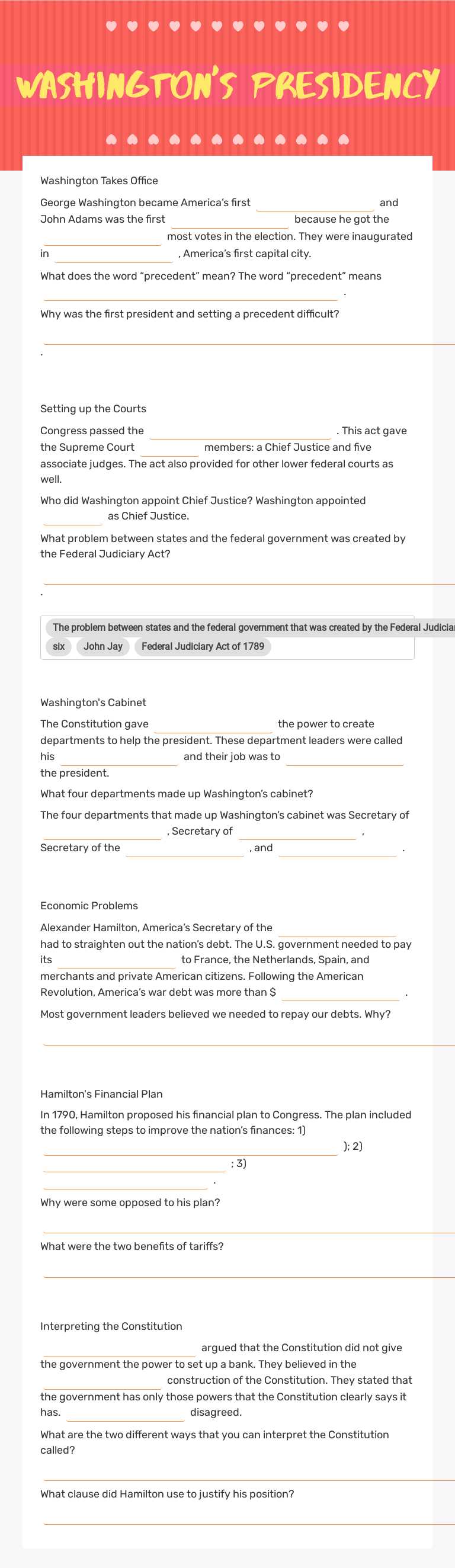 Washington's Presidency worksheet preview image