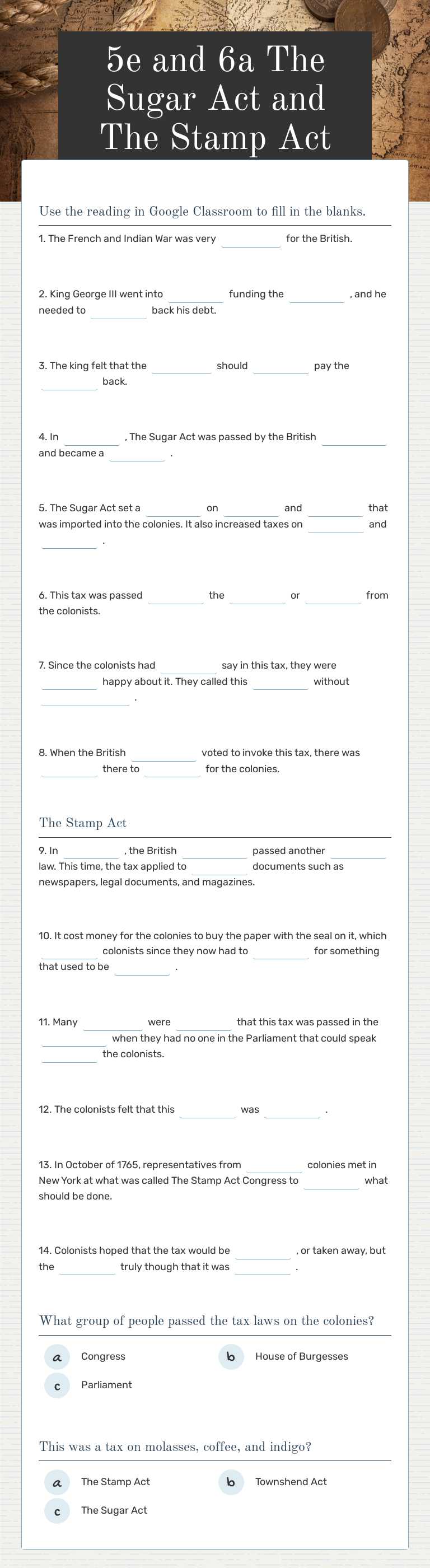 5e and 6a The Sugar Act and The Stamp Act worksheet preview image