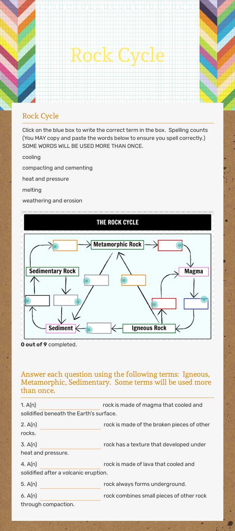 Rock Cycle Grade 8 worksheet preview