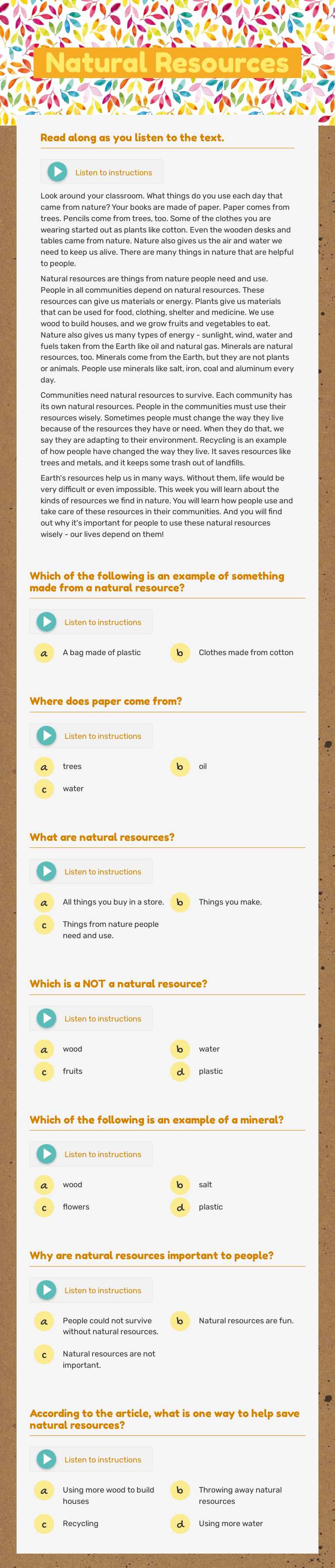 Natural Resources Grade 3 worksheet preview