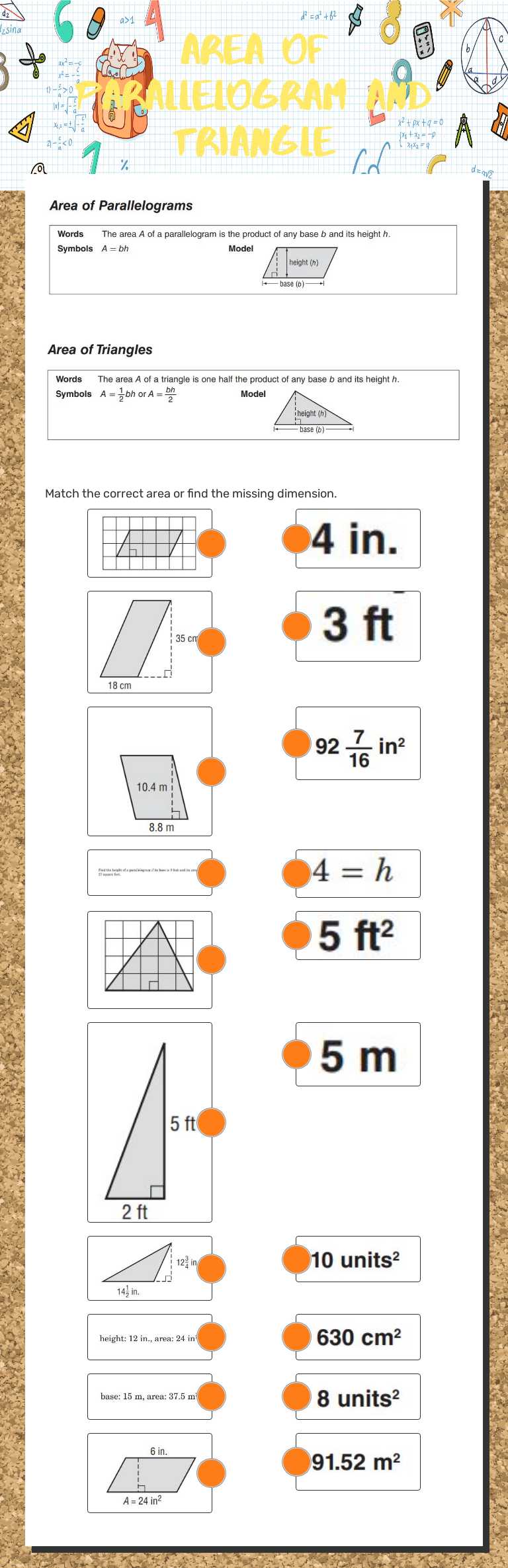 Area of parallelogram and triangle worksheet preview image