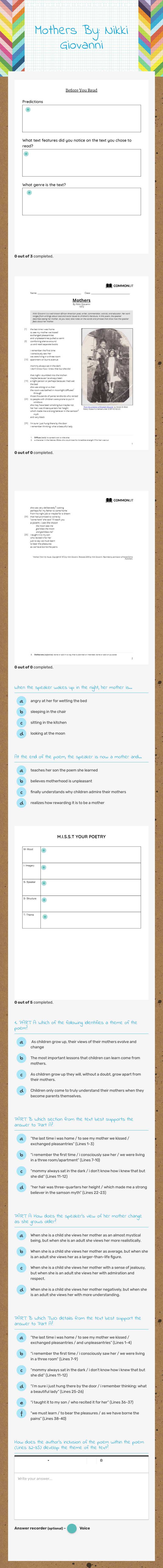 Mothers                         By: Nikki Giovanni worksheet preview image