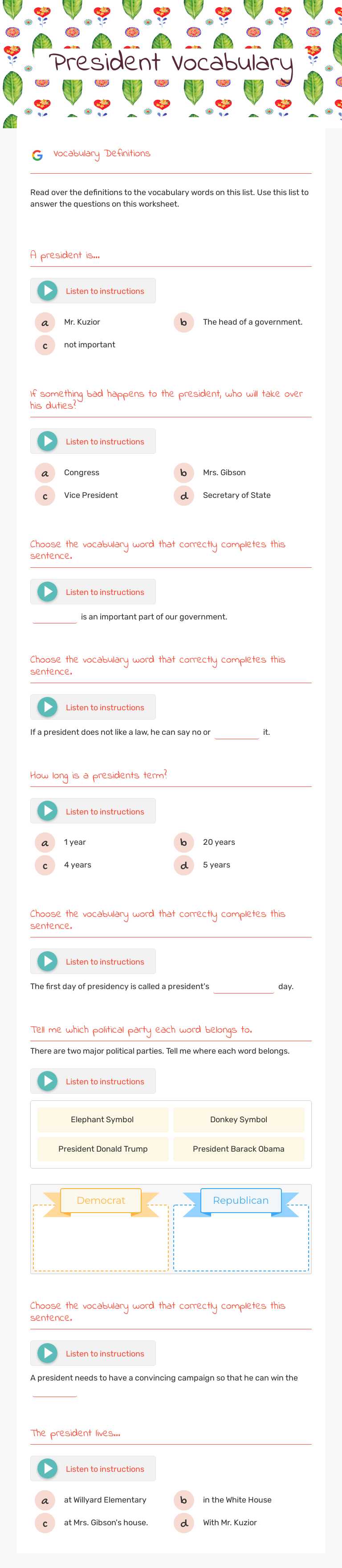 President Vocabulary worksheet preview image