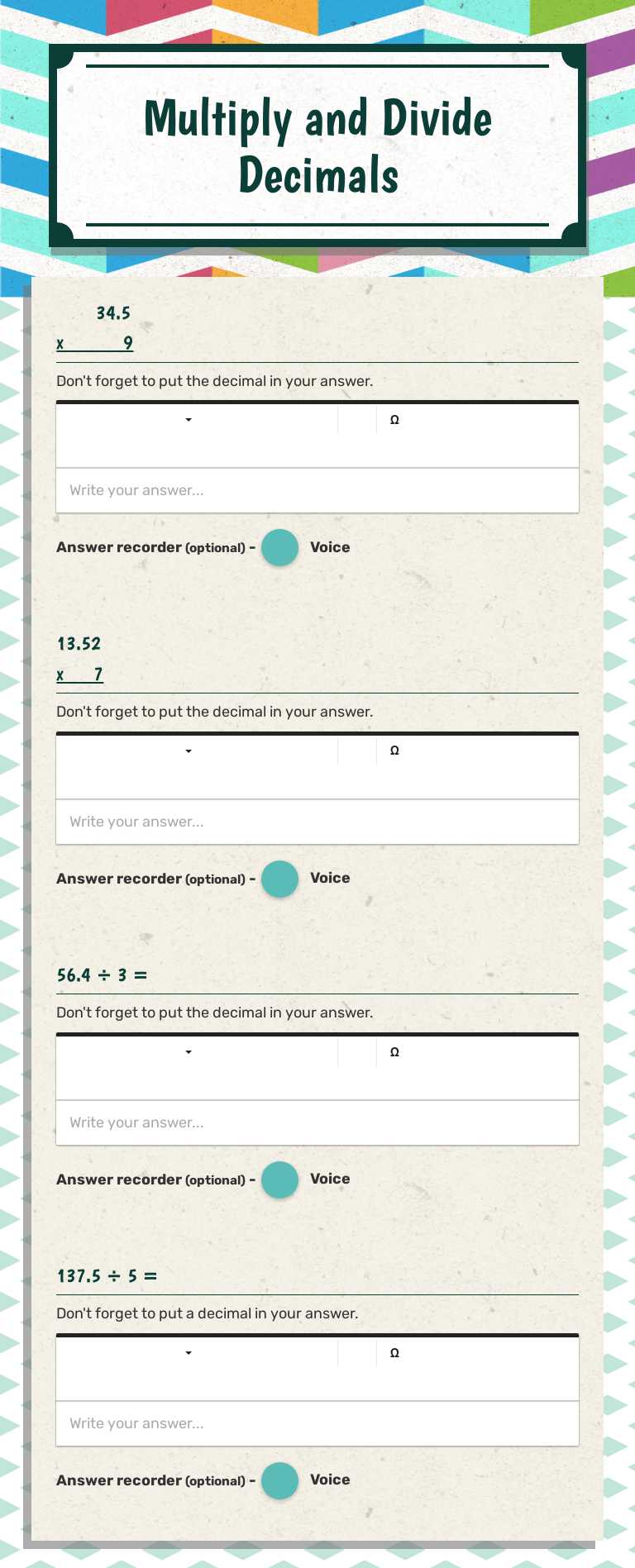 Multiply and Divide Decimals worksheet preview image
