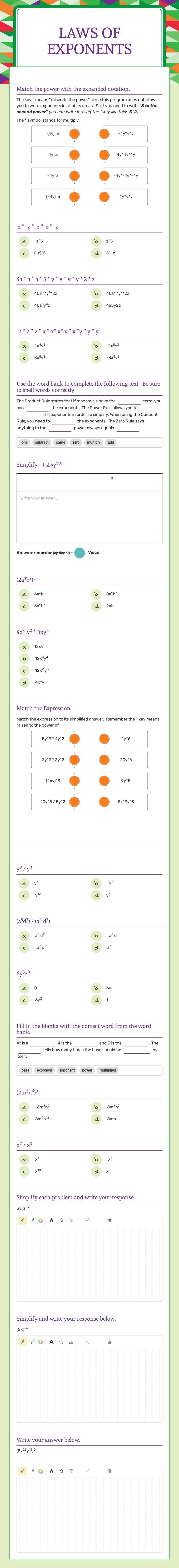Laws of Exponents worksheet preview image