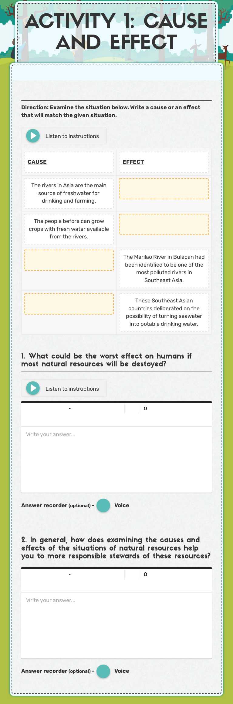 ACTIVITY 1: CAUSE AND EFFECT worksheet preview image