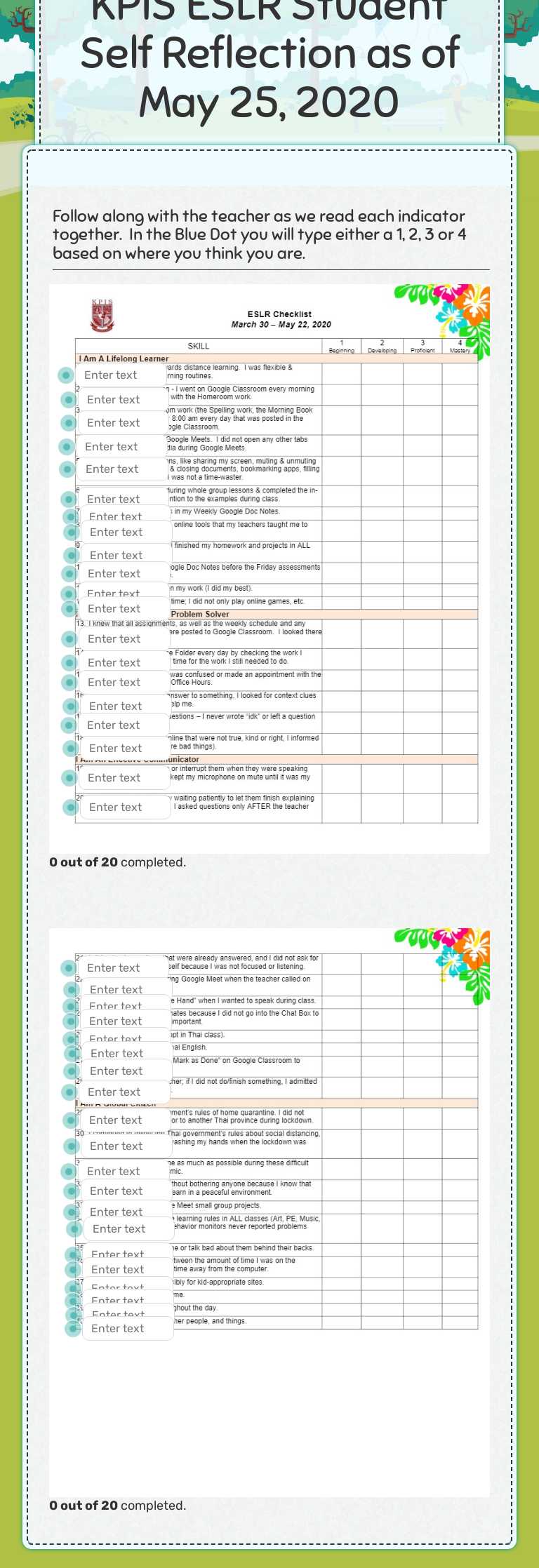 KPIS ESLR Student Self Reflection as of May 25, 2020 worksheet preview image