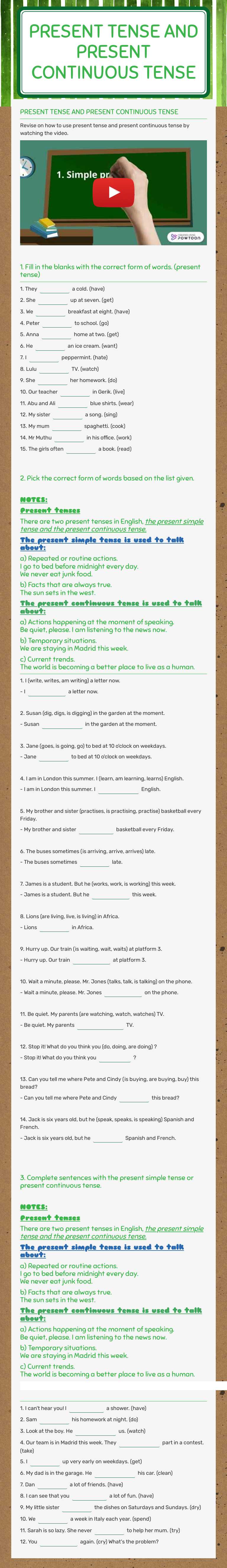 PRESENT TENSE AND PRESENT CONTINUOUS TENSE worksheet preview image