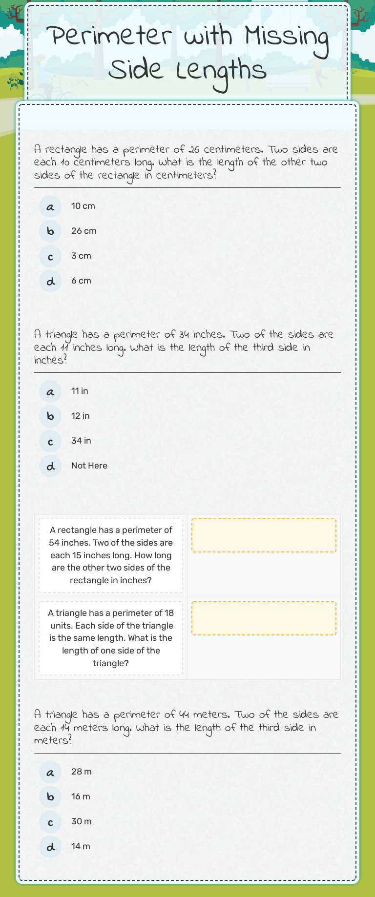 Perimeter with Missing Side Lengths worksheet preview image