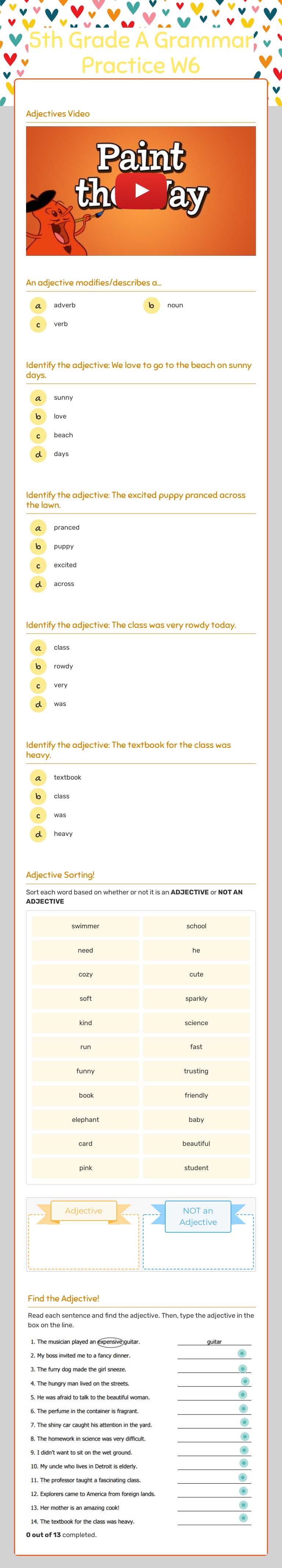 5th Grade A Grammar Practice W6 worksheet preview image